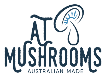AT Mushrooms Australian Made Reishi Logo, Mushroom Gills Blue