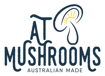 AT Mushrooms Australian Made Cordyceps Logo, Mushroom Gills Yellow